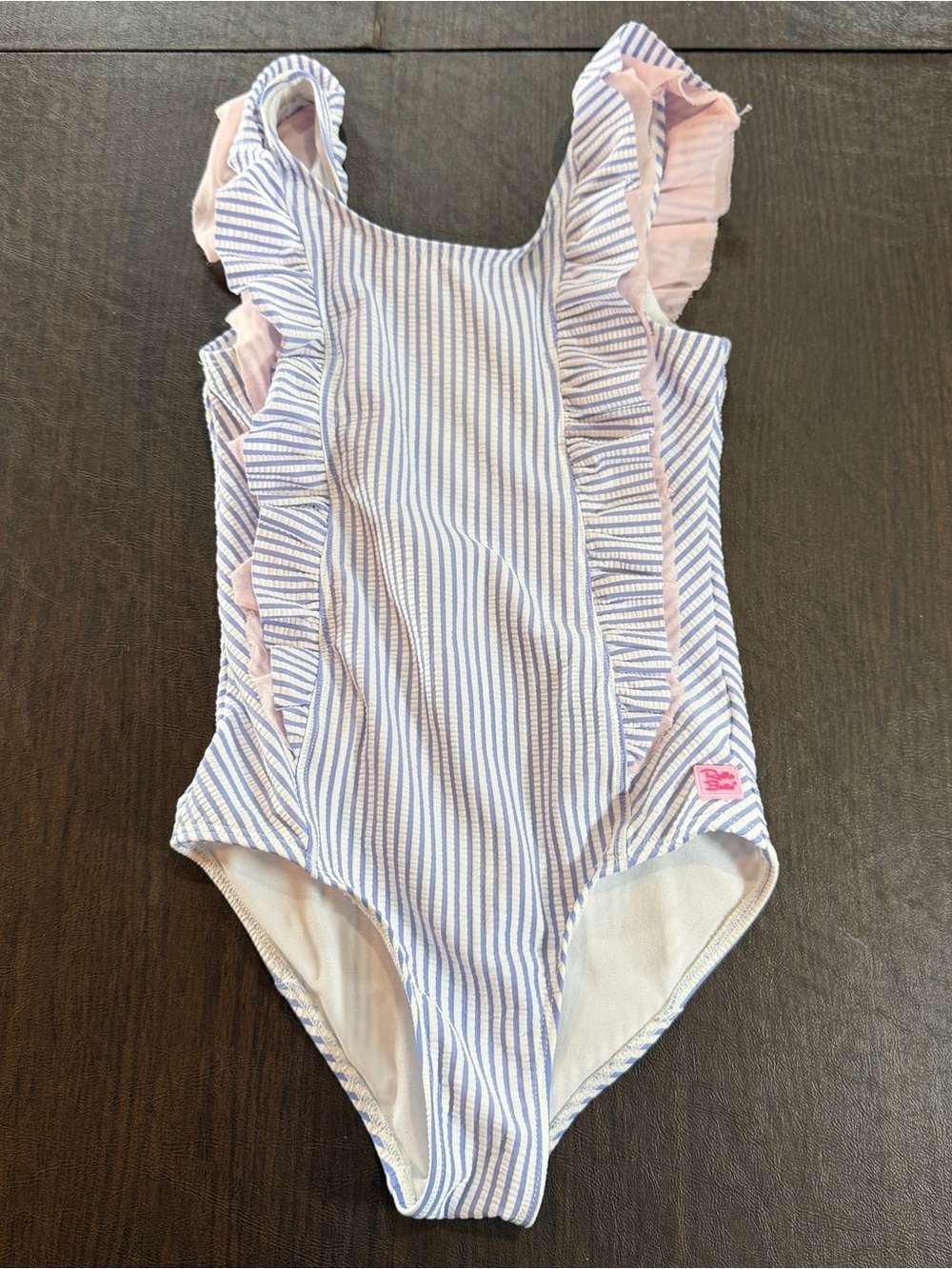 Ruffle Butts Striped Ruffle One-Piece Swimsuit in Blue & Pink Sz 10